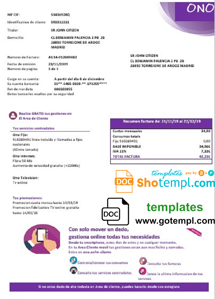 Spain ONO easy fillable utility bill template in Word and PDF format (.doc and .pdf)